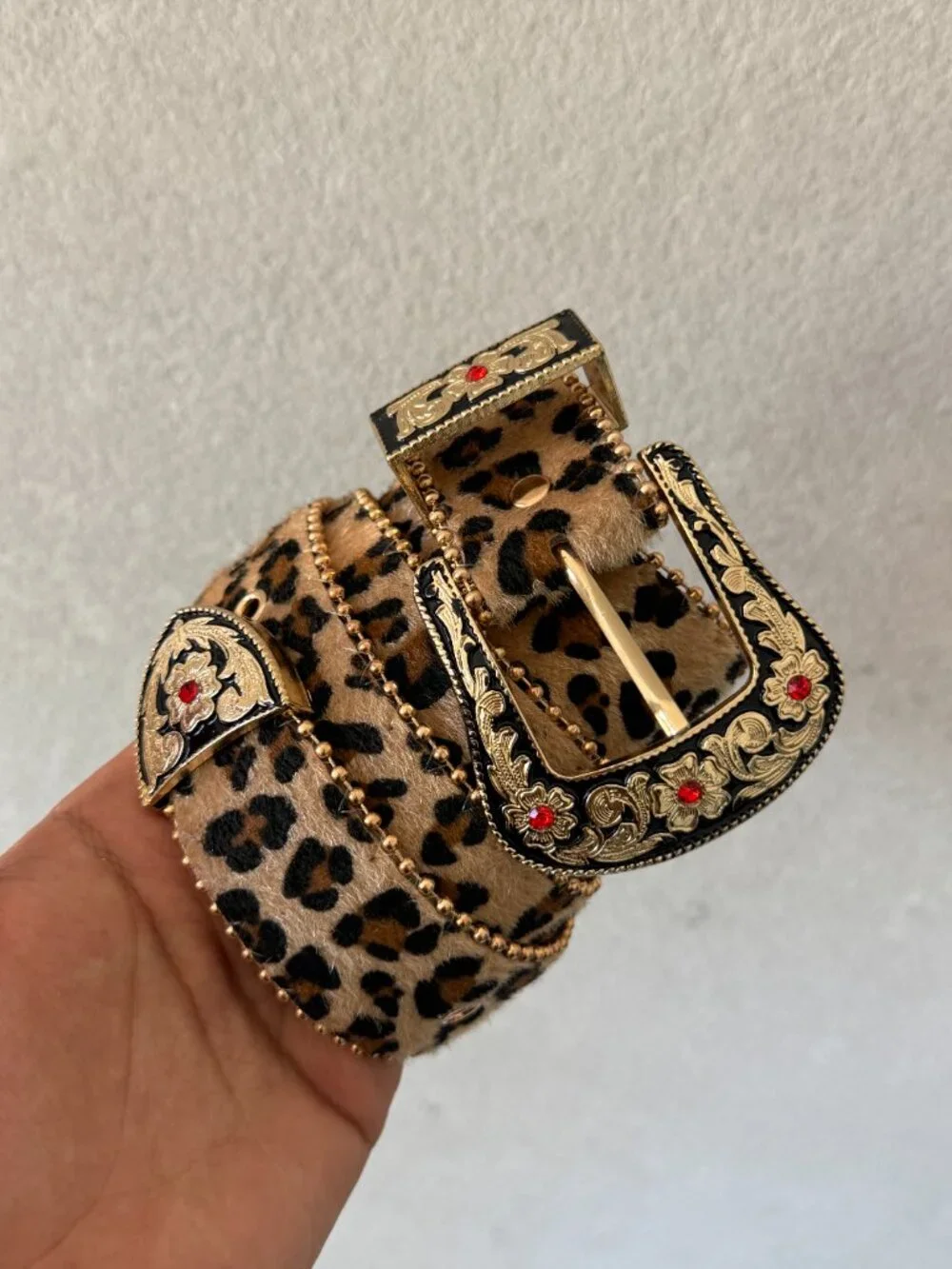 Leopard Print Fur Western Ruby Buckle Belt